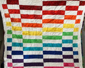 Rainbow Baby quilt Offset Pattern Lap or Sofa Quilt Handmade Blue Purple Yellow Green Red Orange Free Shipping