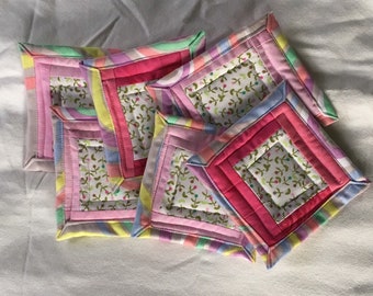 Set of Six Quilted Handmade Easter Funky Pink Floral Springtime Coaster Mug Rug