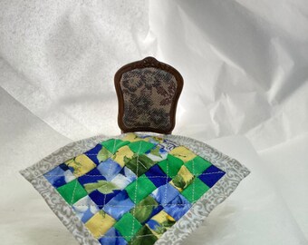 1/12 Dollhouse Modern Lap or Sofa Quilt Pieced Handmade and Machine Quilted Blue Green Yellow