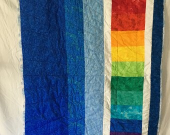 Vivid Blue Rainbow Throw Lap Quilt LGBTQ Pride Handmade Quilted