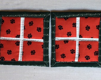 Perfect Pair of Pawprint Quilted Handmade Green and Red Christmas Coaster Mug Rug
