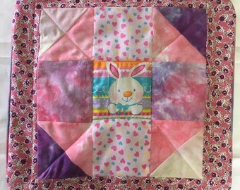 Cover Only Pastel Bunny Easter Spring Handmade Quilted Pillow Cover or Pajama Bag Pink Purple