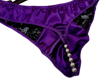 Satin Panties For Men With beads, Mens Pearl Lingerie Sissy Lace Underwear Silky Thong Open Back