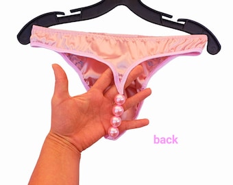 Pink Mens Silky Panties With big beads Pearl Lingerie Sissy Lace Underwear Satin Thong