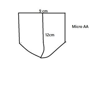 Może przedstawiać: Czarno-biały rysunek linii kształtu z wymiarami. G&oacute;rna część ma szerokość 9 cm, a wysokość 12 cm. Tekst "Micro AA" znajduje się po prawej stronie kształtu.
