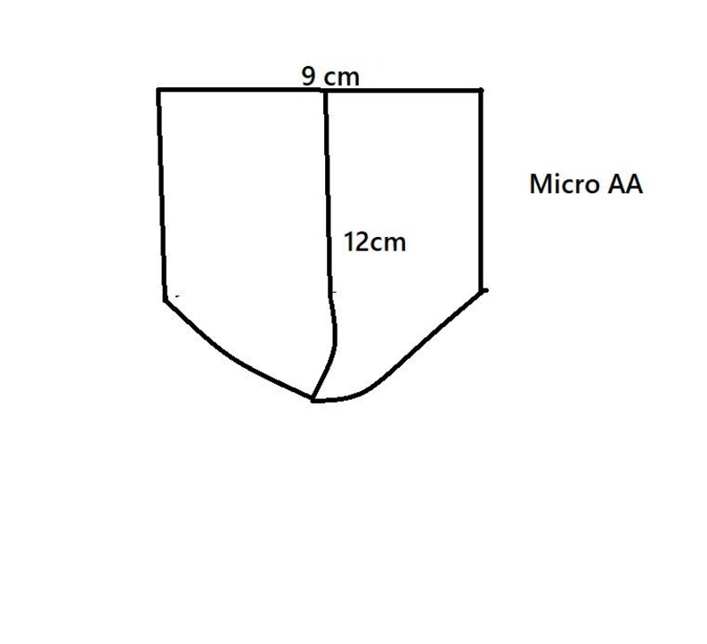 Może przedstawiać: Czarno-biały rysunek linii kształtu z wymiarami. G&oacute;rna część ma szerokość 9 cm, a wysokość 12 cm. Tekst "Micro AA" znajduje się po prawej stronie kształtu.