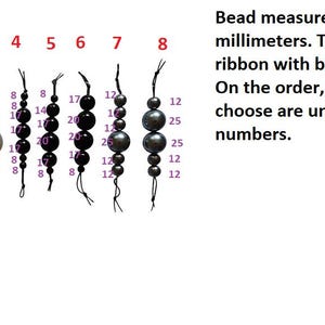 May include: Image showing beaded strands with different bead sizes and colours. Bead measurements are in millimetres, with the ribbon length between 7-8 cm. Text provides ordering instructions.