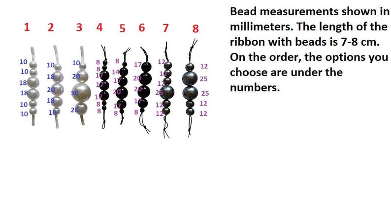May include: Image showing beaded strands with different bead sizes and colours. Bead measurements are in millimetres, with the ribbon length between 7-8 cm. Text provides ordering instructions.