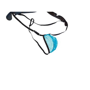 May include: A blue mesh pouch with black straps and a buckle. The pouch is designed to be worn around the waist or shoulders. The mesh is a bright, vibrant blue color.