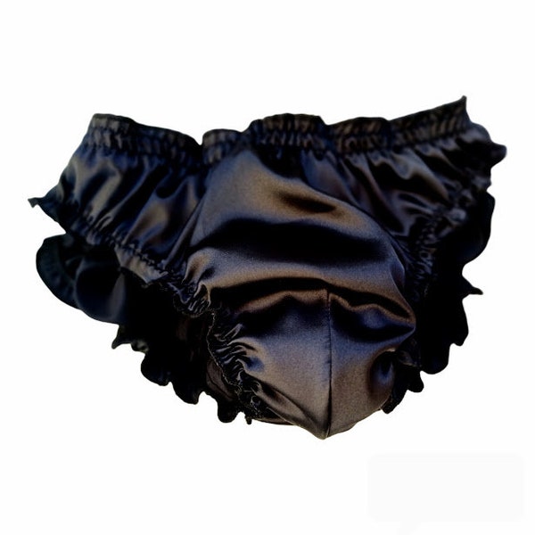 Mens Satin Underwear Mens Panties Sheer Thong with ruffles Crossdresser Panties Silky Lingerie