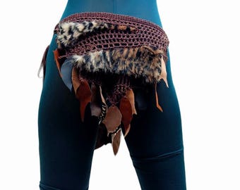 Loincloth Crochet Loincloth With Leopard Faux Fur Leather Feathers Fantasy Costume Unique Handmade Belt Loincloth