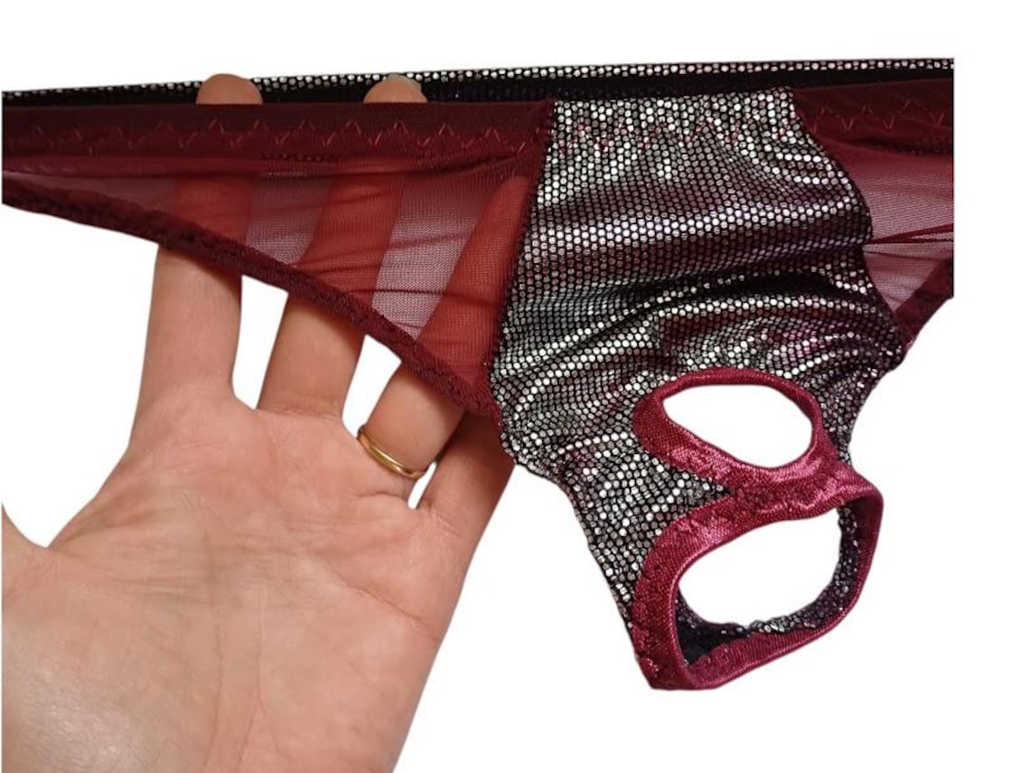 Sexy Men's Lycra Thong With Openings, Metallic Silver and Burgundy Mesh