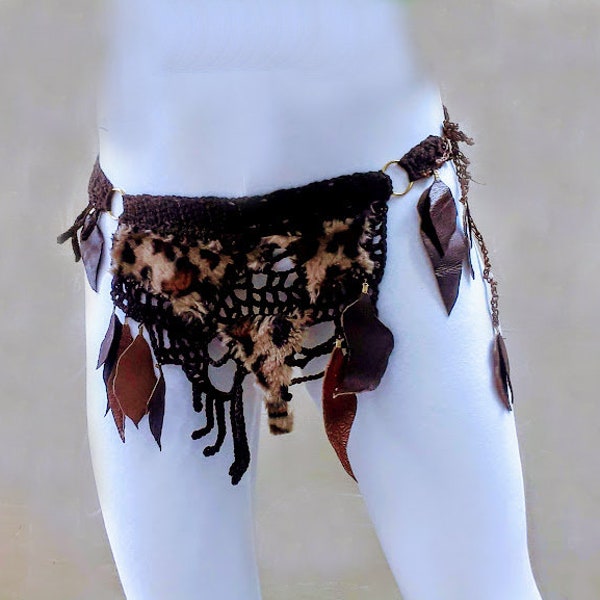 Loincloth Crochet Loincloth With Leopard Faux Fur Leather Feathers Fantasy Costume Unique Handmade Belt Loincloth