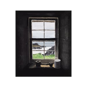 May include: A painting of a window with a view of a coastal landscape. The window frame is dark, and the view includes a body of water, cliffs, and green grass. The painting has a moody, atmospheric quality. The text "BeckyRuiStudio" is visible.