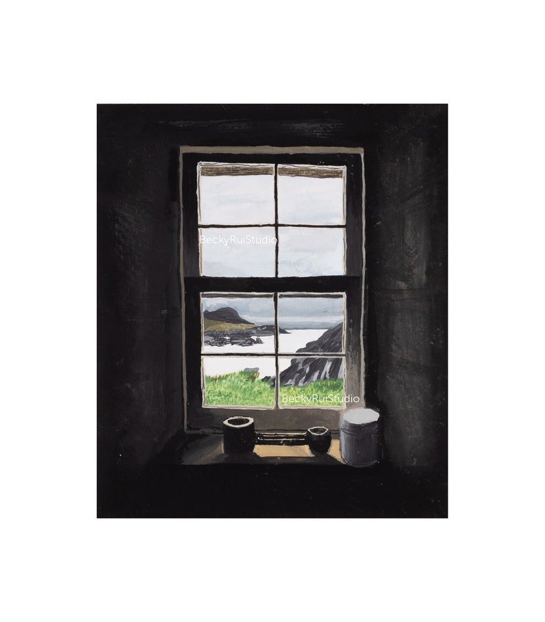 May include: A painting of a window with a view of a coastal landscape. The window frame is dark, and the view includes a body of water, cliffs, and green grass. The painting has a moody, atmospheric quality. The text "BeckyRuiStudio" is visible.