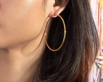 30mm Diameter 14k Tri-color Gold Moon-Cut Bead Hoop Earrings,