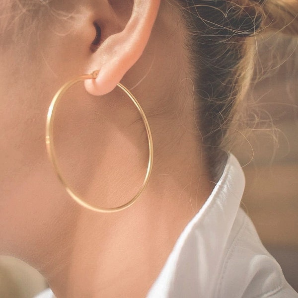18K Gold Oversized Thin Hoops - Water and Tarnish Resistant
