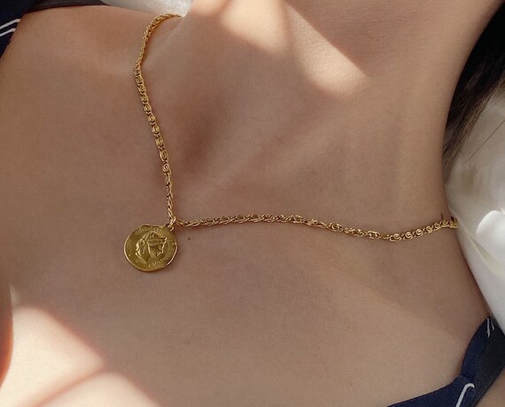 18K Gold Coin Medallion Necklace With Satellite Chain Water and
