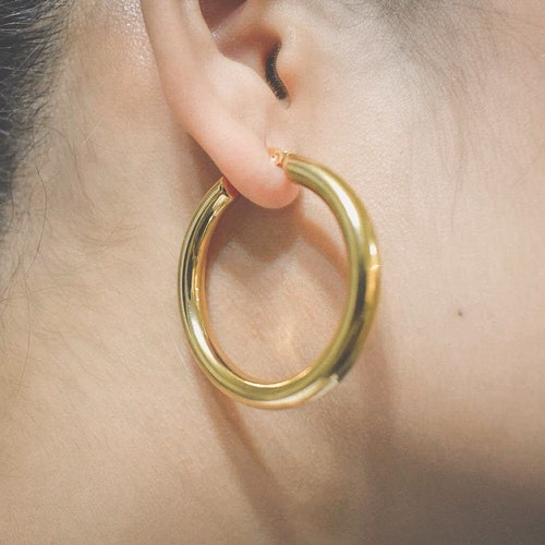18K Hollow Chunky Tube Hoop Earrings 