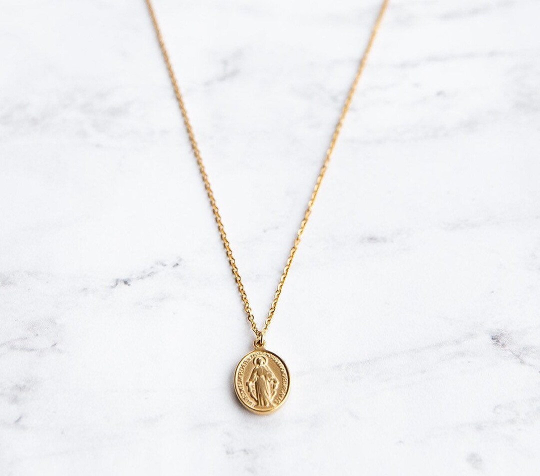 18K Gold Dainty Mother Mary Necklace, Virgin Mary Pendant, Religious ...