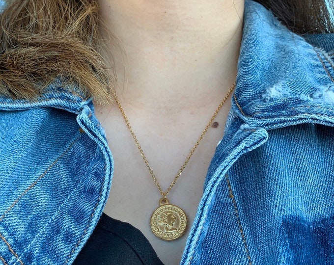 18K Coin Pendant  Necklace, Coin Charm Necklace, Stainless steel coin necklace, Gold Coin Necklace