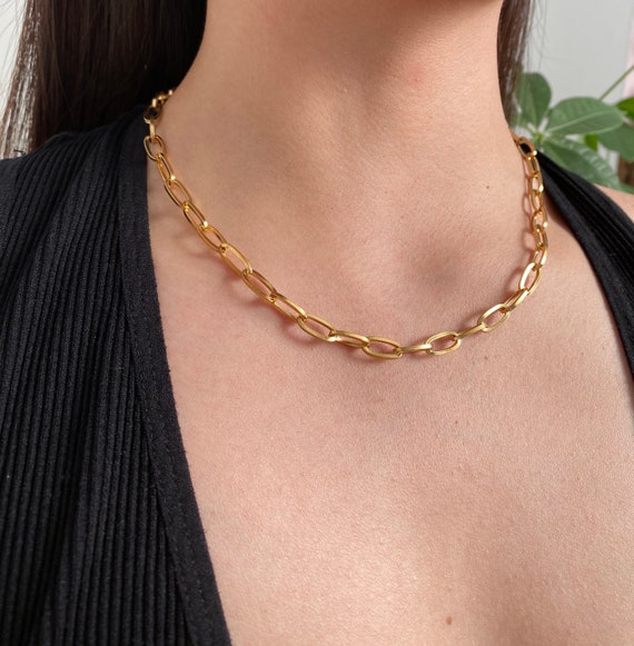18M Gold Toggle Closure Paperclip Chain Choker Necklace, Stainless