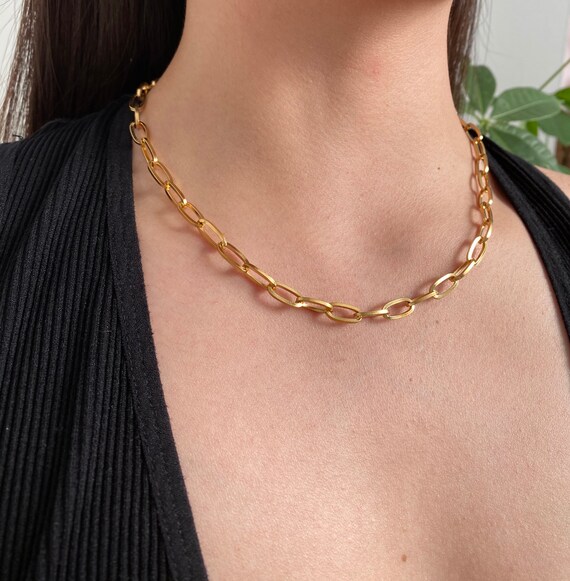 18M Gold Toggle Closure Paperclip Chain Choker Necklace, Stainless  Steel/gold Chain, Water and Tarnish Resistant Necklace, 