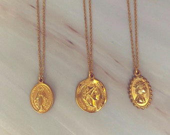 18K Gold Mother Mary Pendant Necklace, Coin Medallion Pendant Necklace, Vintage Victorian Style Cameo Necklace,Mother’s Day Gift