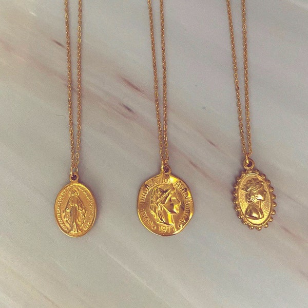 18K Gold Mother Mary Pendant Necklace, Coin Medallion Pendant Necklace, Vintage Victorian Style Cameo Necklace,Mother’s Day Gift