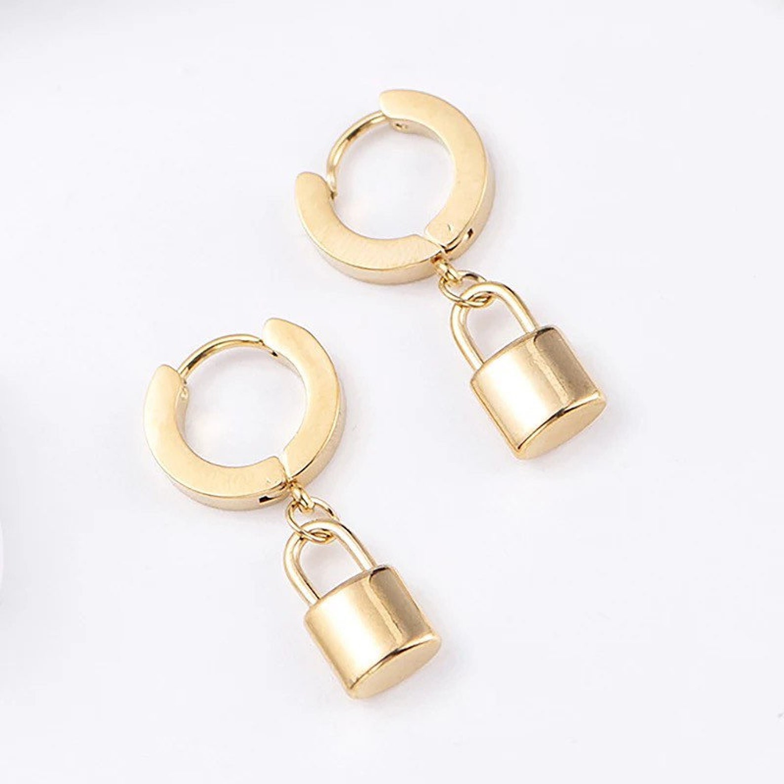 18K Tiny Lock Hoop Earrings Stainless Steel Gold or Silver Etsy