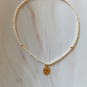 Freshwater Pearl Beaded Necklace with Stainless Steel Gold Cameo Victorian Style Pendant, All metals are water and tarnish resistant