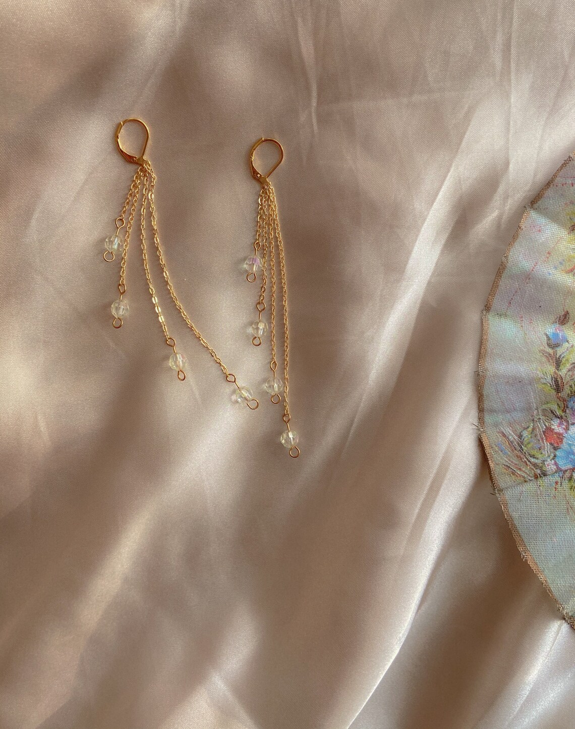 Gold plated cottagecore earrings/dangle chain earrings/beaded | Etsy