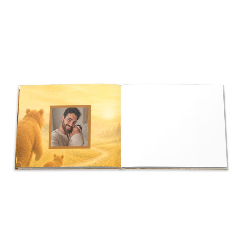 May include: Open book with a picture of a man holding a baby. The left page has a yellow background with illustrations of bears and a path. The right page is blank.