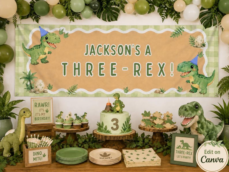 Editable Three-rex Birthday Banner, Watercolor Dinosaur 3rd Party Sign ...
