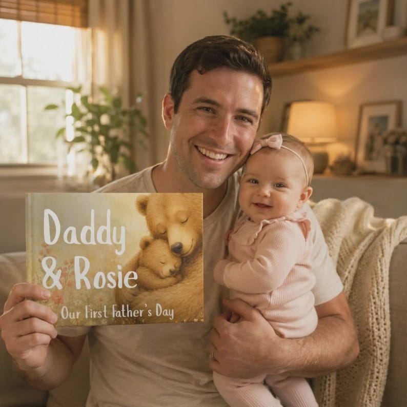 May include: A smiling man holds a baby and a book titled "Daddy & Rosie" with the text "Our First Father's Day." The book cover features a bear and cub illustration. The baby wears a pink outfit and a bow.