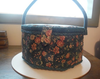 green calico sewing basket