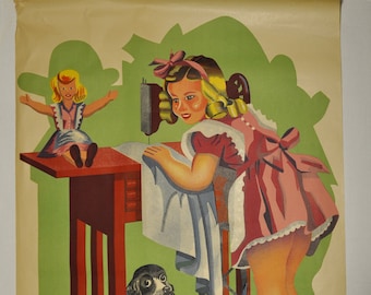 old lithographic original poster child  serenity 1930-1950 sewing machine dog, room of a child,