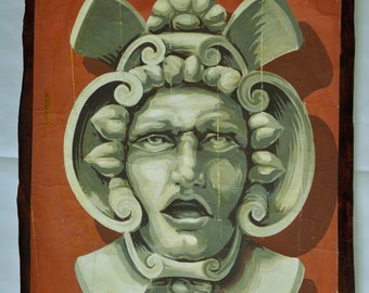Mascherone barocco, stile grisaille, decorazione dipinta a mano, vers 1950, pezzo unico firmato