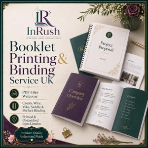 May include: An advertisement for a UK-based booklet printing and binding service. The image showcases various booklets, including a spiral-bound "Project Proposal" and a "Company Overview" booklet. The text includes "Booklet Printing & Binding Service UK" and "PDF Files Welcome".