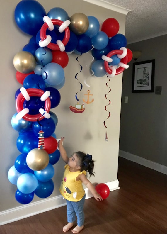Nautical Baby Shower Decorations for Boy, Ahoy It's A Boy Banner Balloon  Garland Arch Kit with Navy Blue Fishing Net for Nautical Themed Party