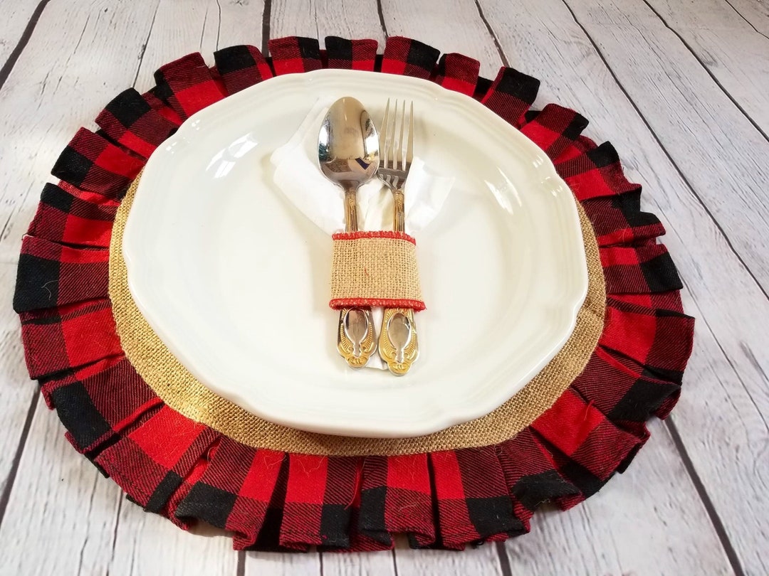 Plaid Round Placemat, Cotton and Burlap Plate Charger, Christmas