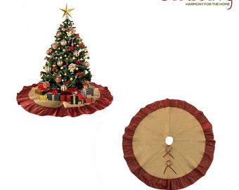 Christmas Tree Skirt Tartan Plaid Ruffled Rustic Burlap Tree Skirt Farmhouse Holiday Decoration - Brown Color, 48 Inch