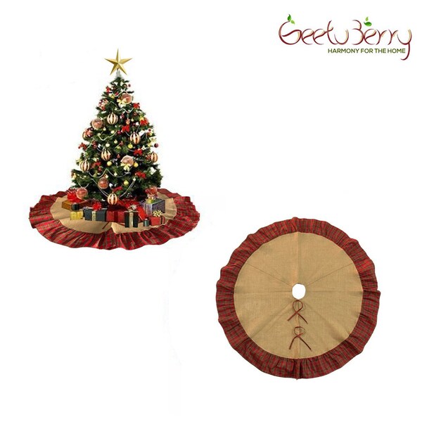 Christmas Tree Skirt Tartan Plaid Ruffled Rustic Burlap Tree Skirt Farmhouse Holiday Decoration - Brown Color, 48 Inch
