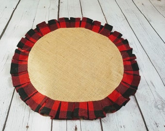 Buffalo Plaid Round Placemat Burlap Plate Charger Coffe Table Mat Candle Table Mat - Red Black and White Color , 16 Inch