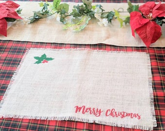 White Burlap Placemat, Christmas placemats, ivory Placemats, Merry Christmas Print, 18x12 inch