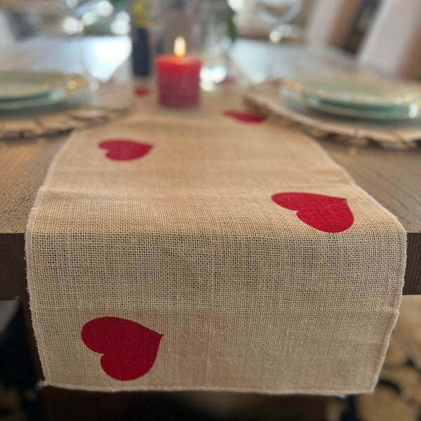 Valentine's Burlap Table Runner, Valentines Day Barn Red Heart Runner, Valentines Day Runner, Valentine's Day Decor Off White Runner