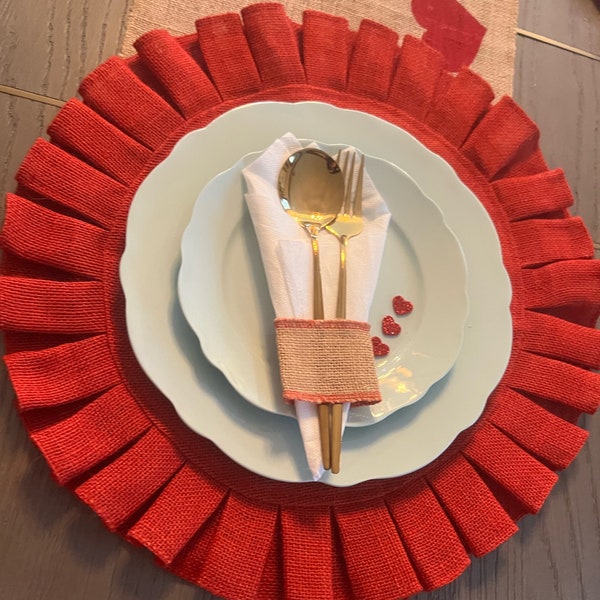 Valentines day Red Round placemat,Burlap Plate Charger,handmade ruffle Placemats, Round Table Topper, modern farmhouse heat resistant woven