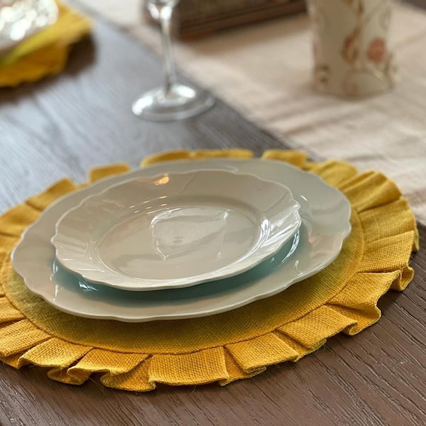 GEETUBERRY Radiant Rustic Elegance - Burlap Ruffles Heat-Resistant Placemats and Chargers in Yellow (14 Inch)