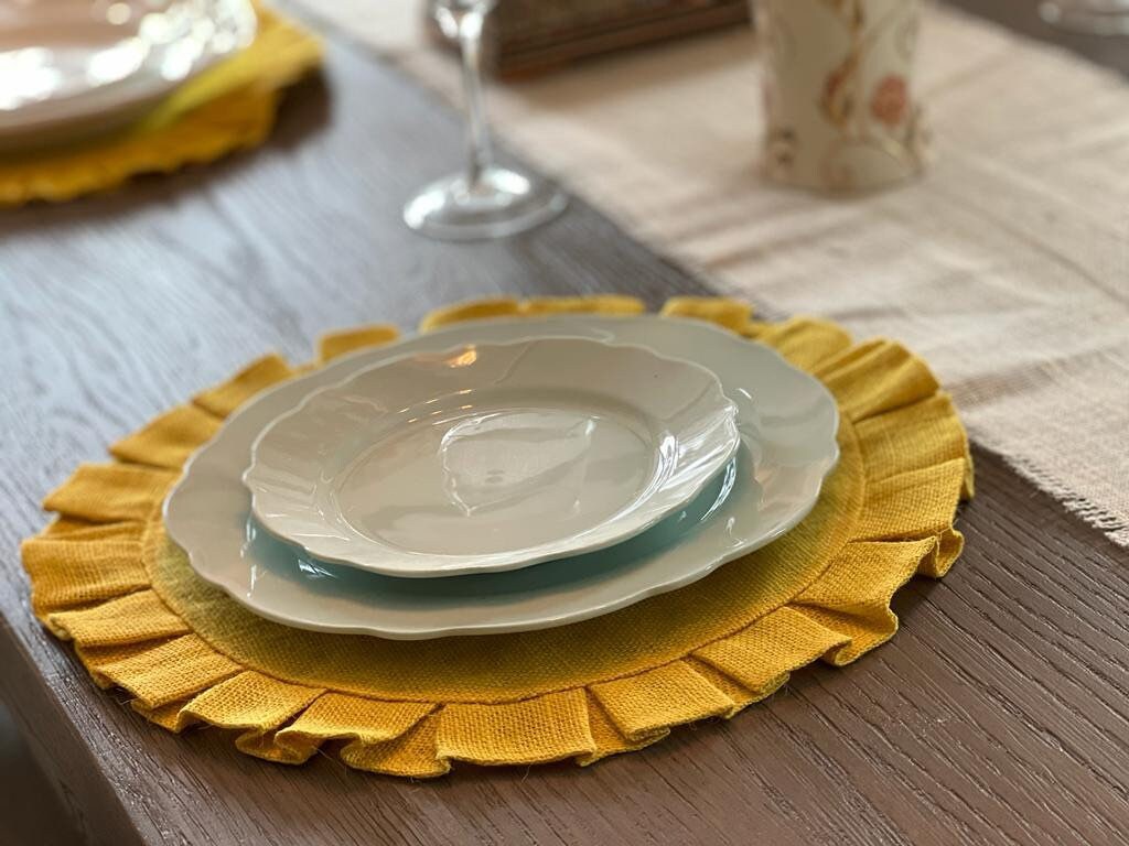Yellow Burlap Ruffles Round Placemats Yellow Burlap Charger Etsy
