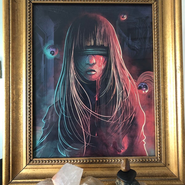 Dark-Art Print; Macabre; Horror; The Blindfolded Girl; Nocturnal Reader's Box, 2017; Sci-Fi Terror; Haunted; All-Seeing Eye